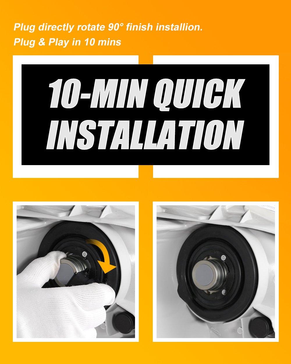 Hands wearing gloves installing H13 LED light bulb with quick 10-minute plug and play installation instructions shown