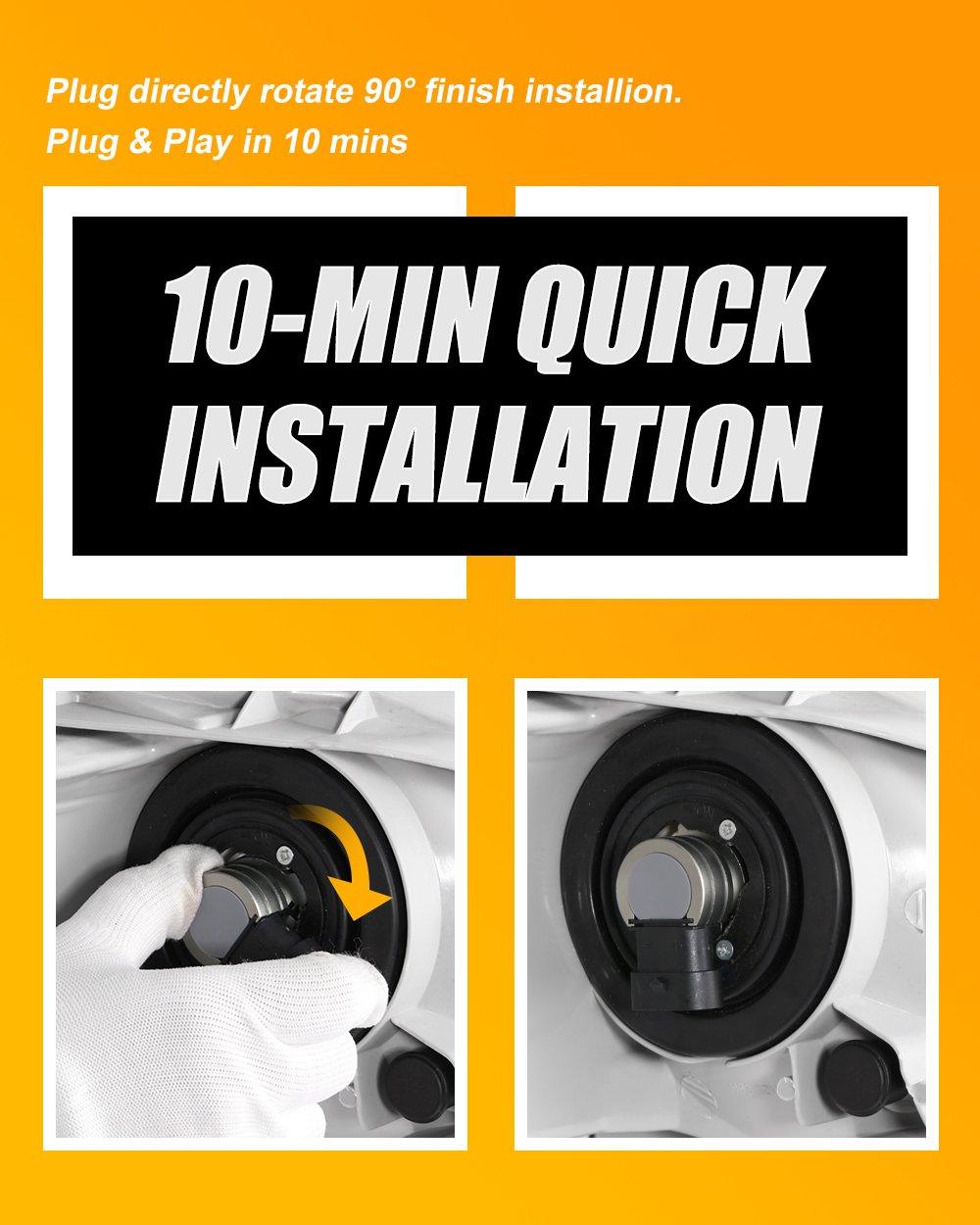 Hands installing H7 LED bulb showing 10-minute quick plug and play installation with 90-degree rotation on car light housing