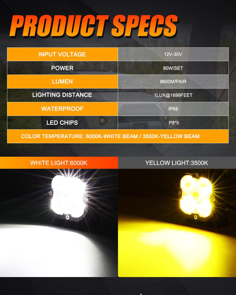 طقم مصابيح ضباب LED مقاس 3 بوصات، 80 واط، 9600 لومن، شعاع أبيض/أصفر، لسيارة تويوتا تاكوما (2012-2022)، وتويوتا فور رانر (2010-2022)، وتويوتا تندرا (2014-2022). 
