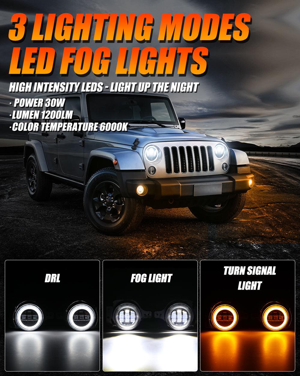 9'' LED Halo Headlights &amp; 4'' 30W LED Fog Lights with White DRL+Amber Turn Signal For Jeep Wrangler JL 2018-2020 