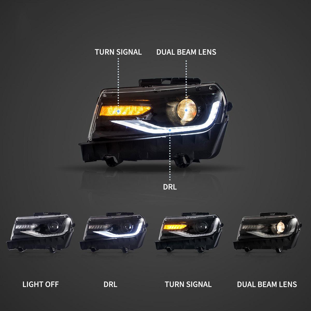 مجموعة مصابيح أمامية LED RGB ثنائية الشعاع، لون أسود لسيارة شيفروليه كامارو موديلات 2014-2015