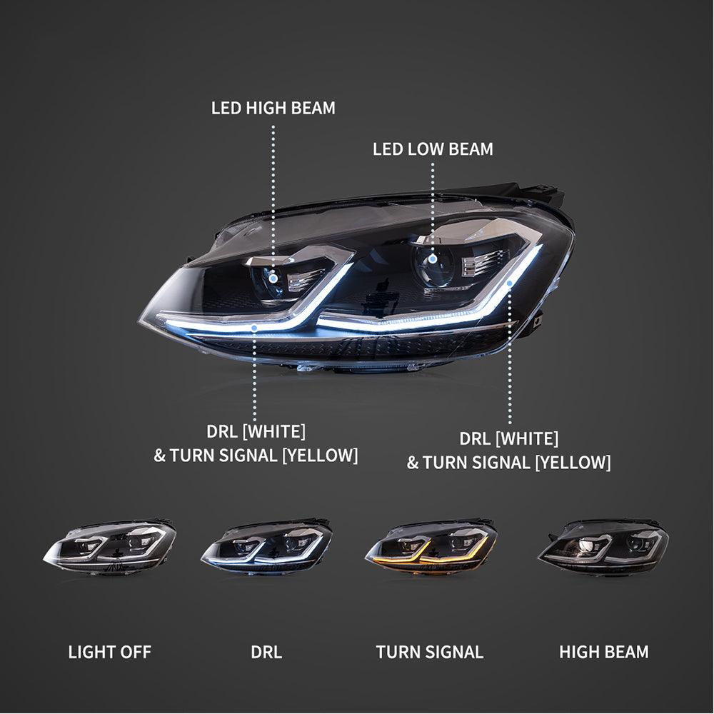 مجموعة مصابيح أمامية LED بروجكتور أسود لسيارة فولكس فاجن جولف الجيل السابع (Mk7، طراز 5G) موديلات 2012-2017