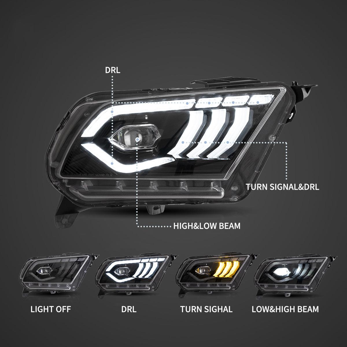 LED Headlight Assembly Dual Beam Projector Black For 2010-2014 Ford Mustang 5th Gen Facelifted