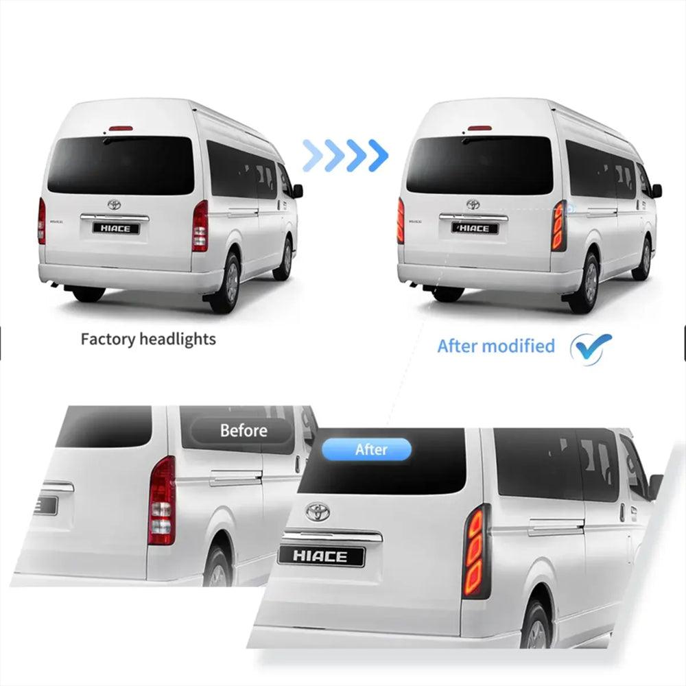 مجموعة مصابيح خلفية LED مع أضواء نهارية متحركة لسيارة تويوتا هايس الجيل الخامس (H200) موديلات 2005-2018