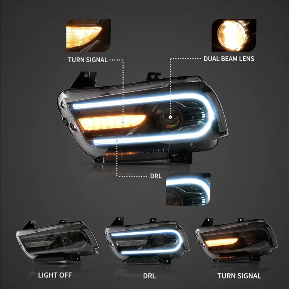 مجموعة مصابيح أمامية LED RGB ثنائية الشعاع باللون الأسود لسيارة Dodge Charger (LD) موديلات 2011-2014