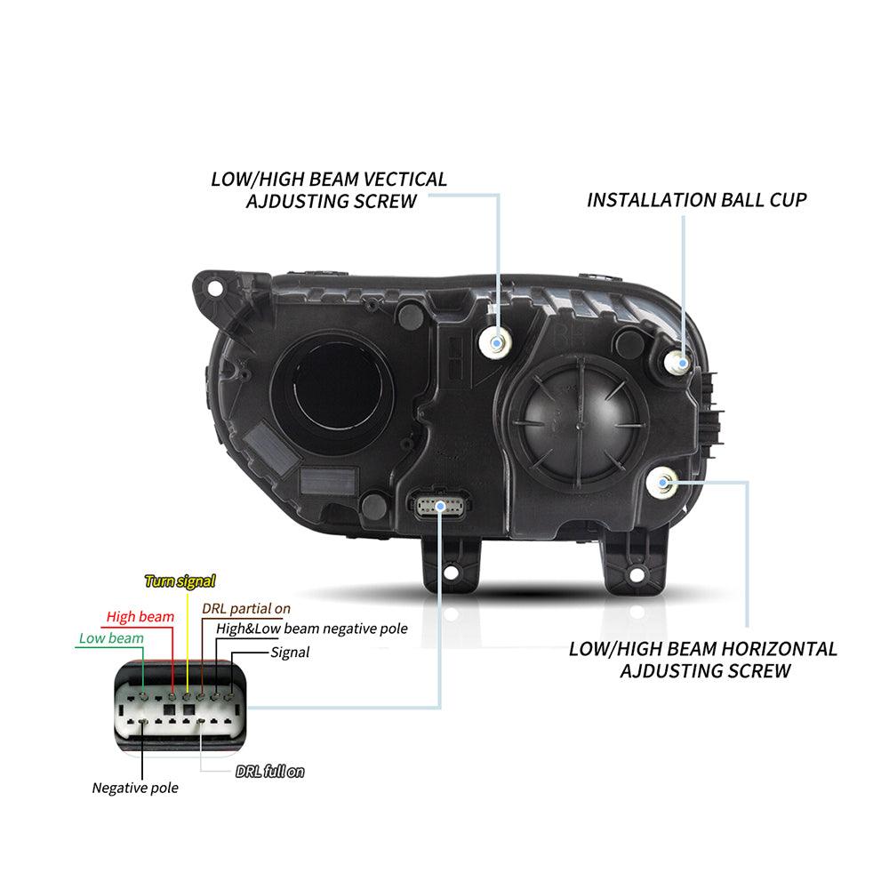 مجموعة مصابيح أمامية LED مزدوجة الشعاع باللون الأسود لسيارة دودج تشالنجر الجيل الثالث المحدثة موديلات 2015-2023