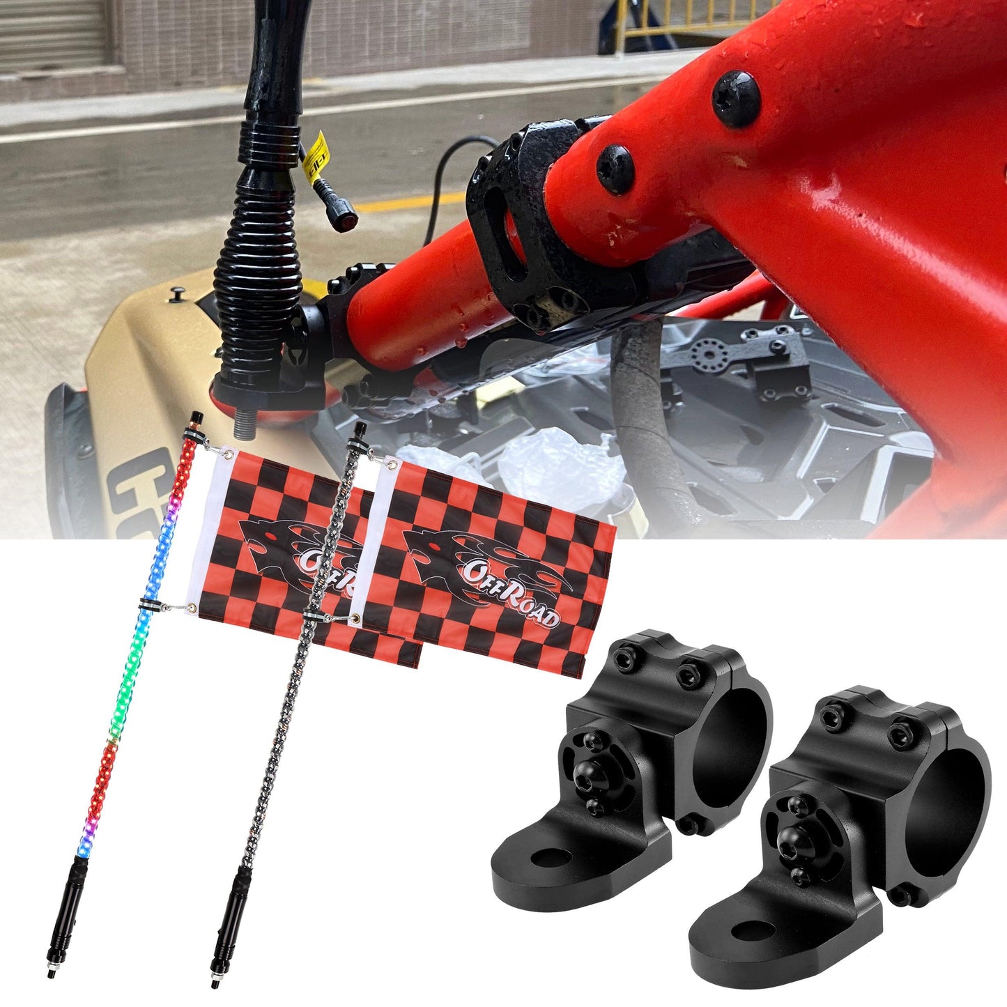 3FT/4FT LED RGB Whip Lights with Bluetooth/ Remote Controlled & Black Universal Flagpole Light Mount  for all UTVs with 1.75" to 2" Roll Cage