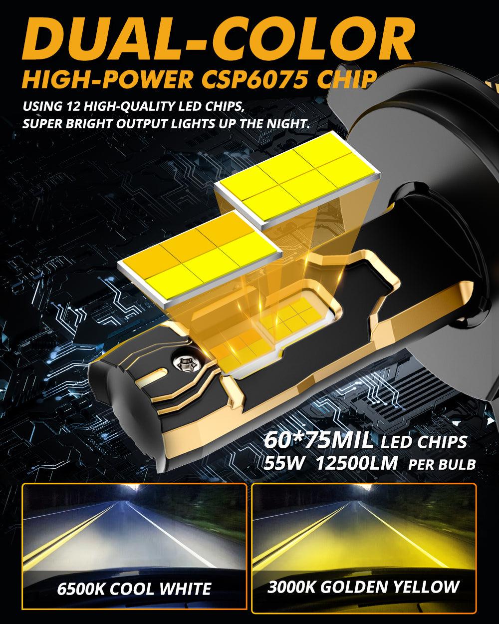 H4 LED Headlight Bulbs 110W 25000LM GX Bi-Color Series High Power & Brightness Dual Color Switchback | 2 Bulbs - Auxbeam  – éclairage LED auto