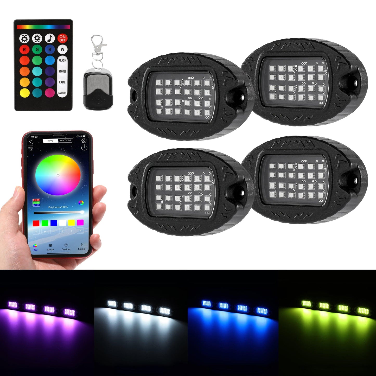 RGBW LED Rock Lights Kit with Bluetooth APP & Wireless Remote Control, Multicolor Neon Underglow Lights with Brake Light function