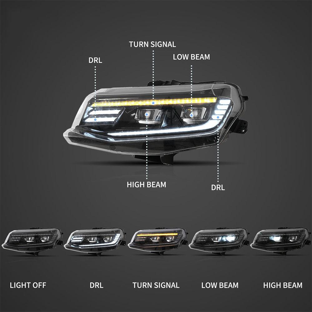 مجموعة مصابيح أمامية LED مزدوجة الشعاع باللون الأسود مع خاصية الترحيب/التنفس والرجوع للأمام والخلف لسيارة شيفروليه كامارو موديلات 2016-2018 وكامارو ZL1 موديلات 2019-2024