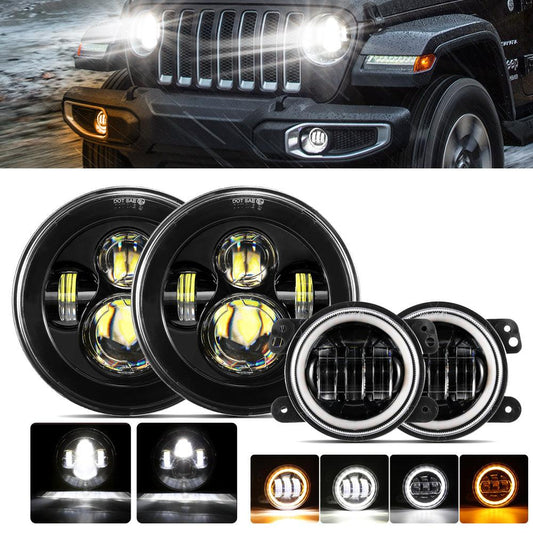 7'' LED Headlight Replacement And 4'' 30W LED Fog Lights with White DRL+Amber Turn Signal For Jeep Wrangler2007-2018 JK