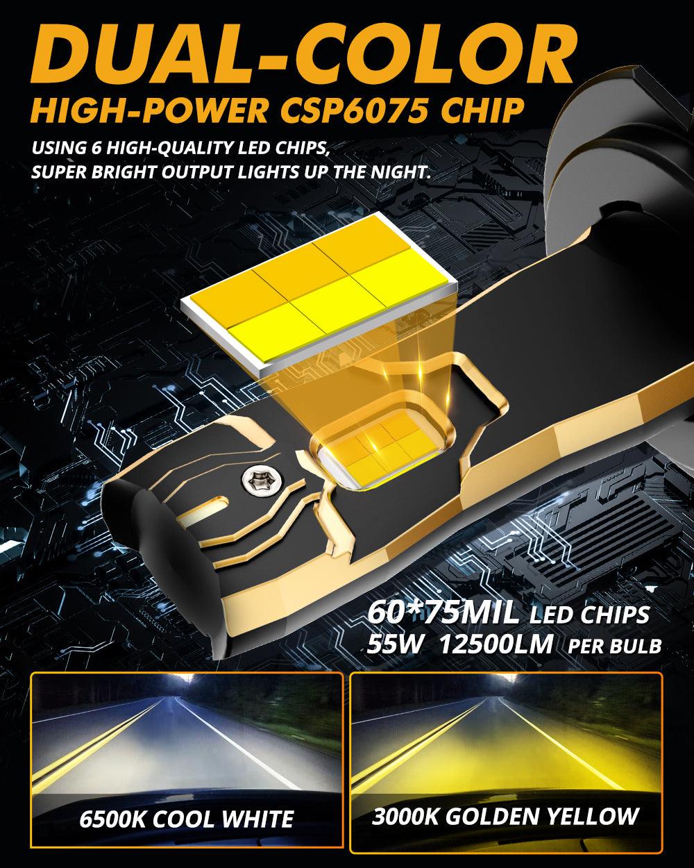 H7 LED Bulb Fog Lights/Low Beam Lights 110W 25000LM GX Bi-Color Series High Power & Brightness Dual Color Switchback | 2 Bulbs - Auxbeam  – éclairage LED auto