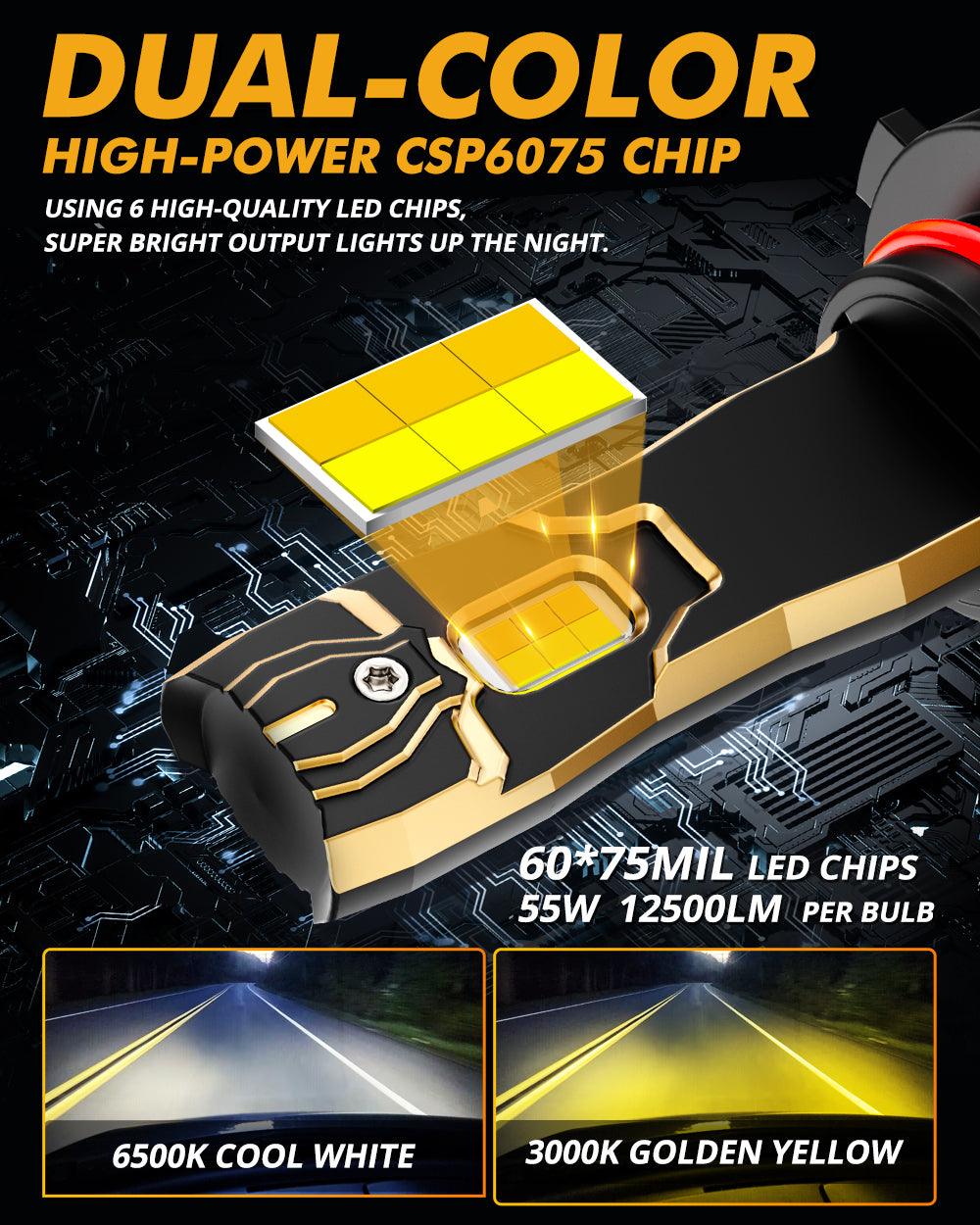 9012/HIR2 LED Headlight Bulbs 110W 25000LM GX Bi-Color Series High Power & Brightness Dual Color Switchback | 2 Bulbs - Auxbeam  – éclairage LED auto