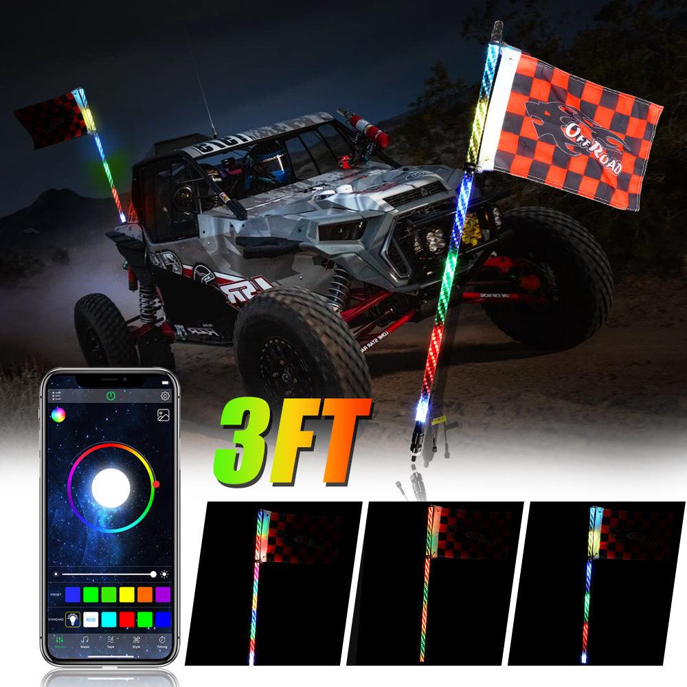 ضوء سوط LED RGB بطول 3 أقدام/4 أقدام مع تحكم عبر البلوتوث + حوامل تثبيت ضوء سوط للمركبات متعددة الاستخدامات (UTV) والمركبات رباعية الدفع (ATV) والمركبات على الطرق الوعرة