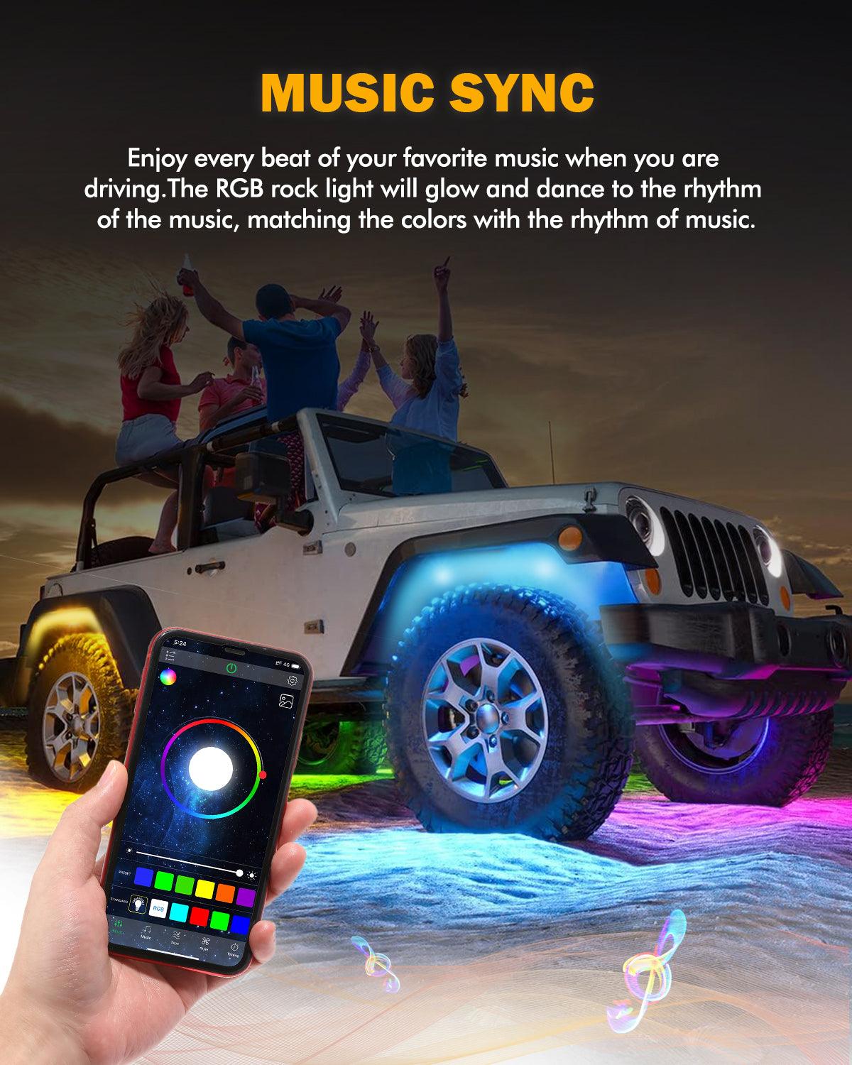مجموعة مصابيح LED RGB Rock مع تطبيق Bluetooth وجهاز تحكم عن بعد لاسلكي، مصابيح نيون متعددة الألوان مع وظيفة ضوء الفرامل لـ ATV UTV