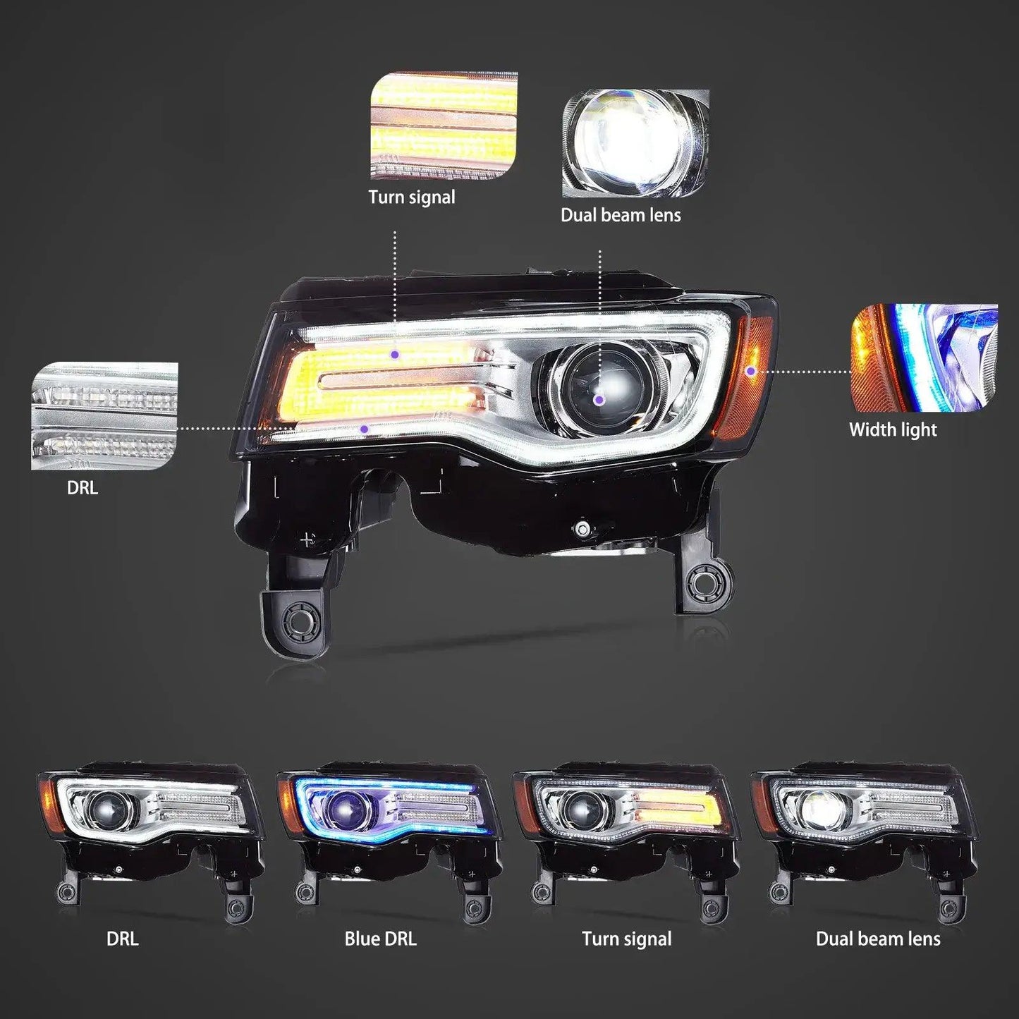 LED Headlight Assembly Full LED With Startup Animation/ Blue DRL For 2014-2022 Jeep Grand Cherokee (WK2）