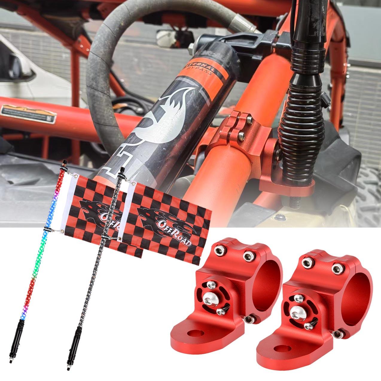 3FT/4FT LED RGB Whip Lights with Bluetooth/ Remote Controlled & Red Universal Flagpole Light Mount  for all UTVs with 1.75" to 2" Roll Cage