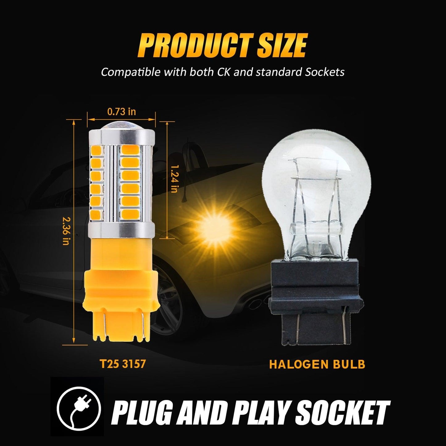 T25 3157 3156 LED Turn Signal Light Rear/Front, Side Maker Light Bulbs 20W 4000LM 3500K Amber 33LED Series | 2 bulbs 