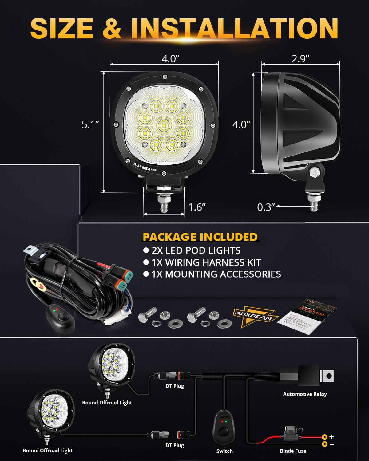 P4 Series | 4 Inch 90W 9000LM Round LED Driving Lights Flood White Pod Lights - Auxbeam  – éclairage LED auto