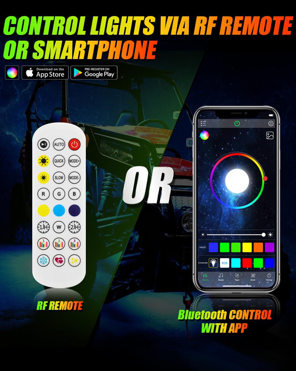 (4 قطع/مجموعة) مصابيح حلقة عجلة LED RGB مقاس 15.5 بوصة ضوء نيون سحري ملون مع تطبيق وجهاز تحكم عن بعد RF