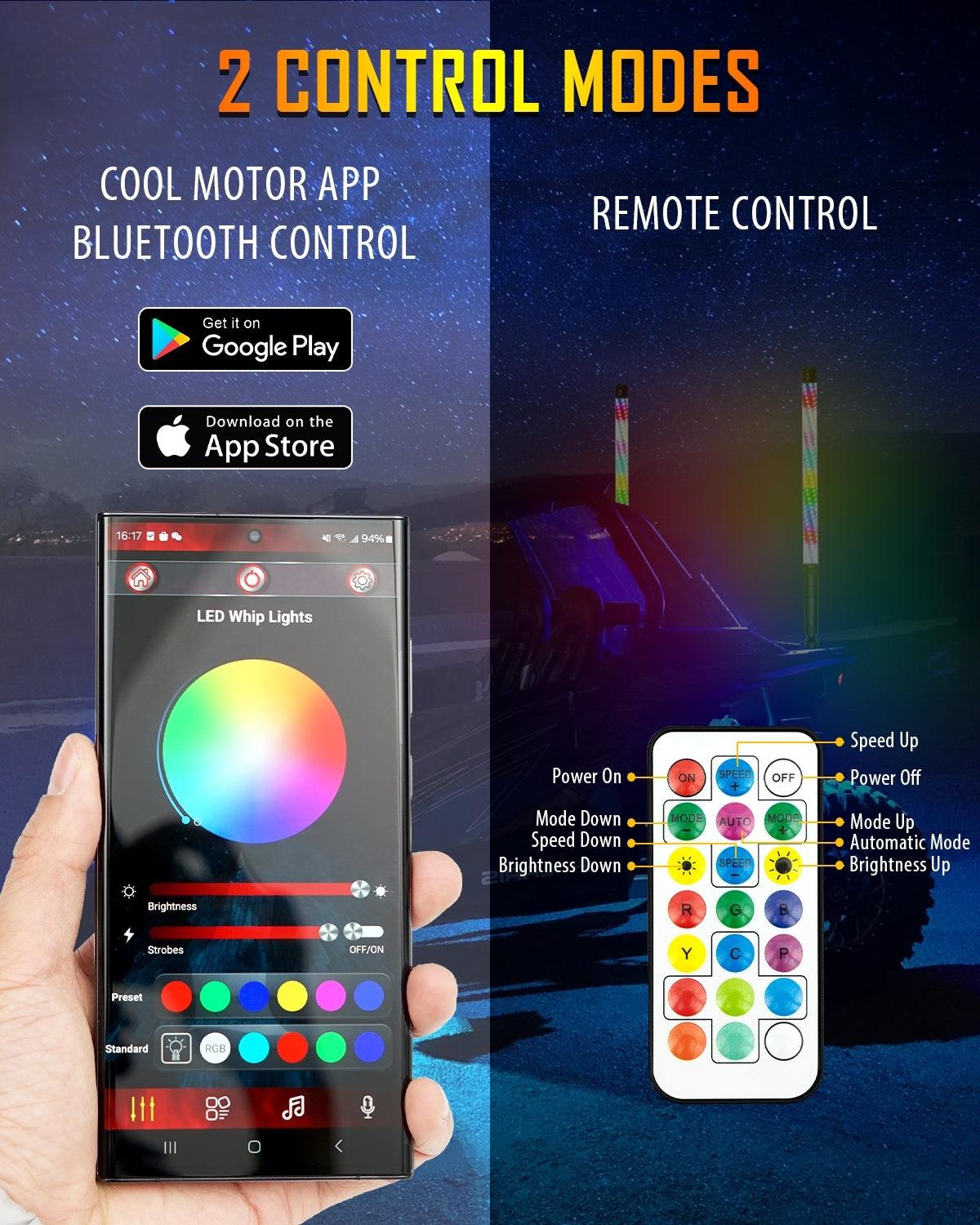 New 2.2FT LED RGB Whip Lights with Turn Signal & Brake Light, Bluetooth APP/ Remote Control