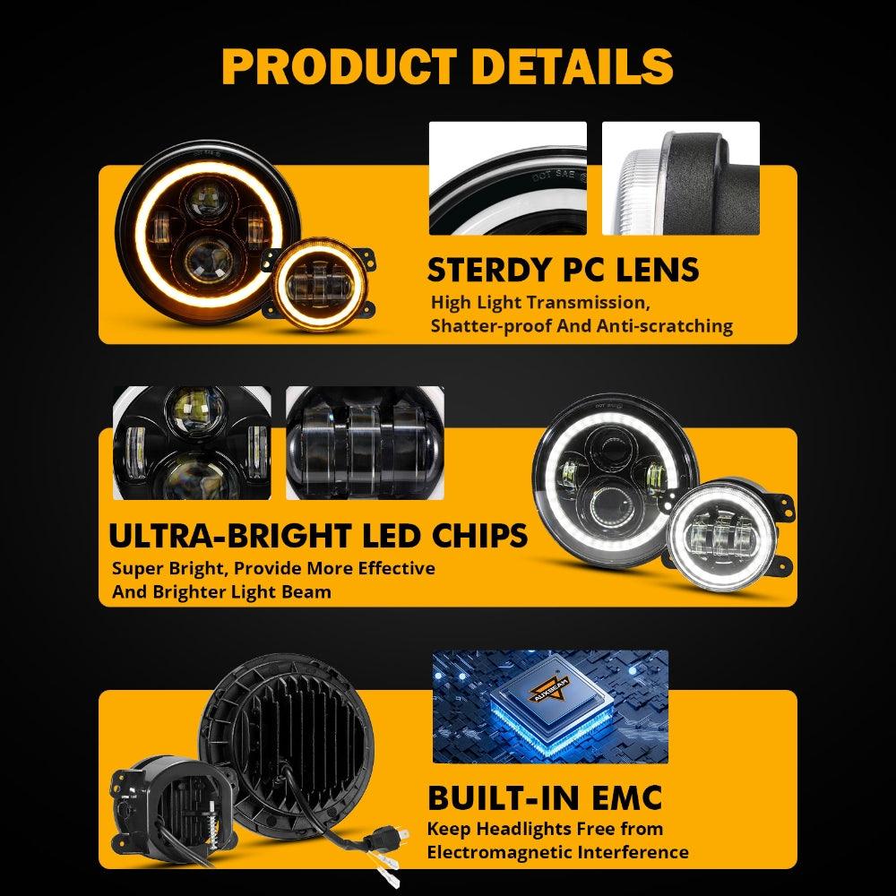 مجموعة مصابيح أمامية LED مقاس 7 بوصات + مصابيح ضباب LED مقاس 4 بوصات مع إشارة انعطاف هالة DRL عالية ومنخفضة الشعاع لسيارة جيب رانجلر JK JKU TJ LJ Rubicon Sahara Unlimited 1997-2018 
