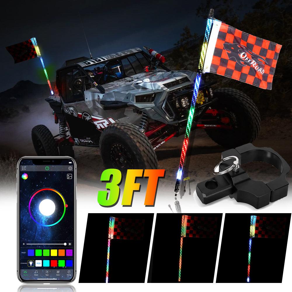 ضوء سوط LED RGB بطول 3 أقدام/4 أقدام مع تحكم عبر البلوتوث + حوامل تثبيت ضوء سوط للمركبات متعددة الاستخدامات (UTV) والمركبات رباعية الدفع (ATV) والمركبات على الطرق الوعرة
