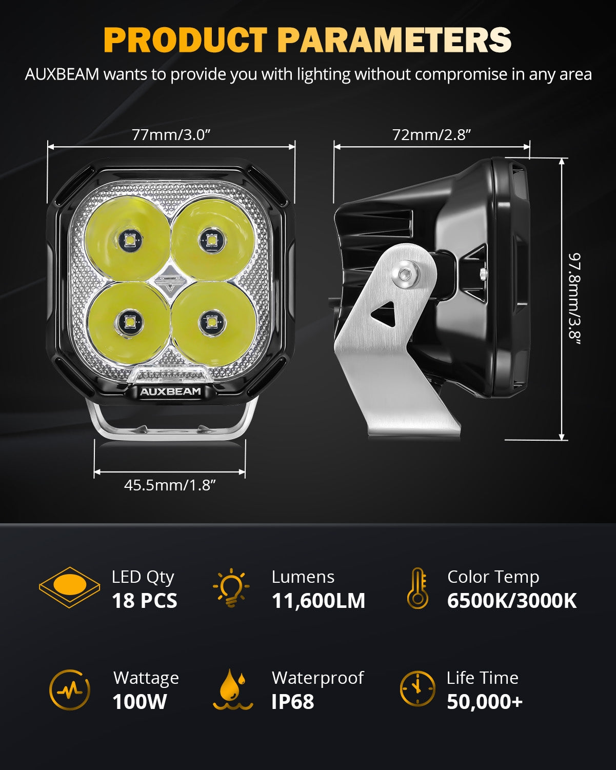 سلسلة Color Play، مصابيح LED سبوت 100 وات، مقاس 3 بوصات، مصابيح للطرق الوعرة مع مصابيح DRL بيضاء ومصابيح إشارة انعطاف باللون الكهرماني 