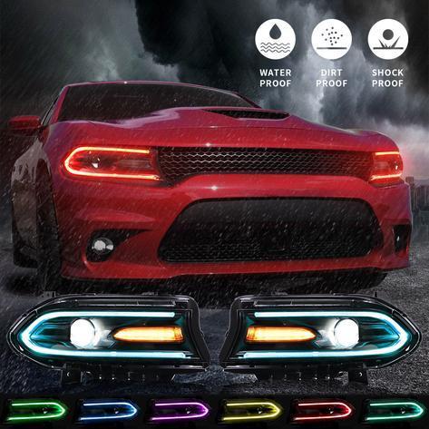 مجموعة مصابيح أمامية LED بنمط RGB مع جهاز عرض مزدوج الشعاع باللون الأسود لسيارة Dodge Charger الجيل السابع (LD) موديلات 2015-2023