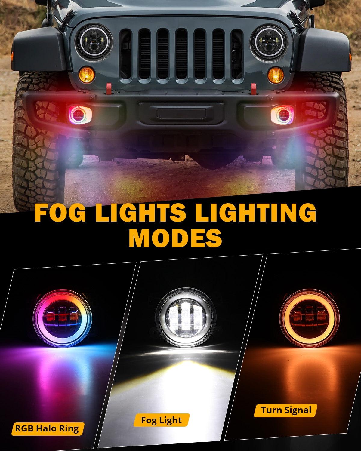 مجموعة مصابيح أمامية RGB مُحسّنة مقاس 7 بوصات + مصابيح ضباب مقاس 4 بوصات لسيارة Jeep Wrangler JK مع التحكم عبر التطبيق 