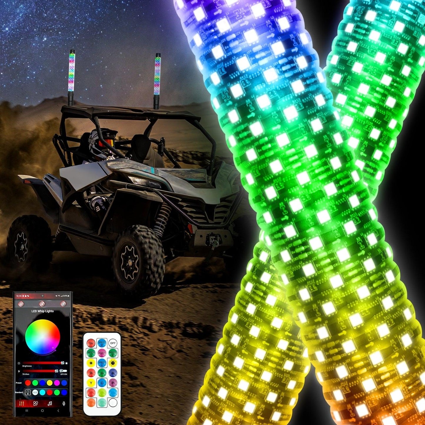 New 1.9FT LED RGB Whip Lights with Turn Signal & Brake Light, Bluetooth APP/ Remote Control