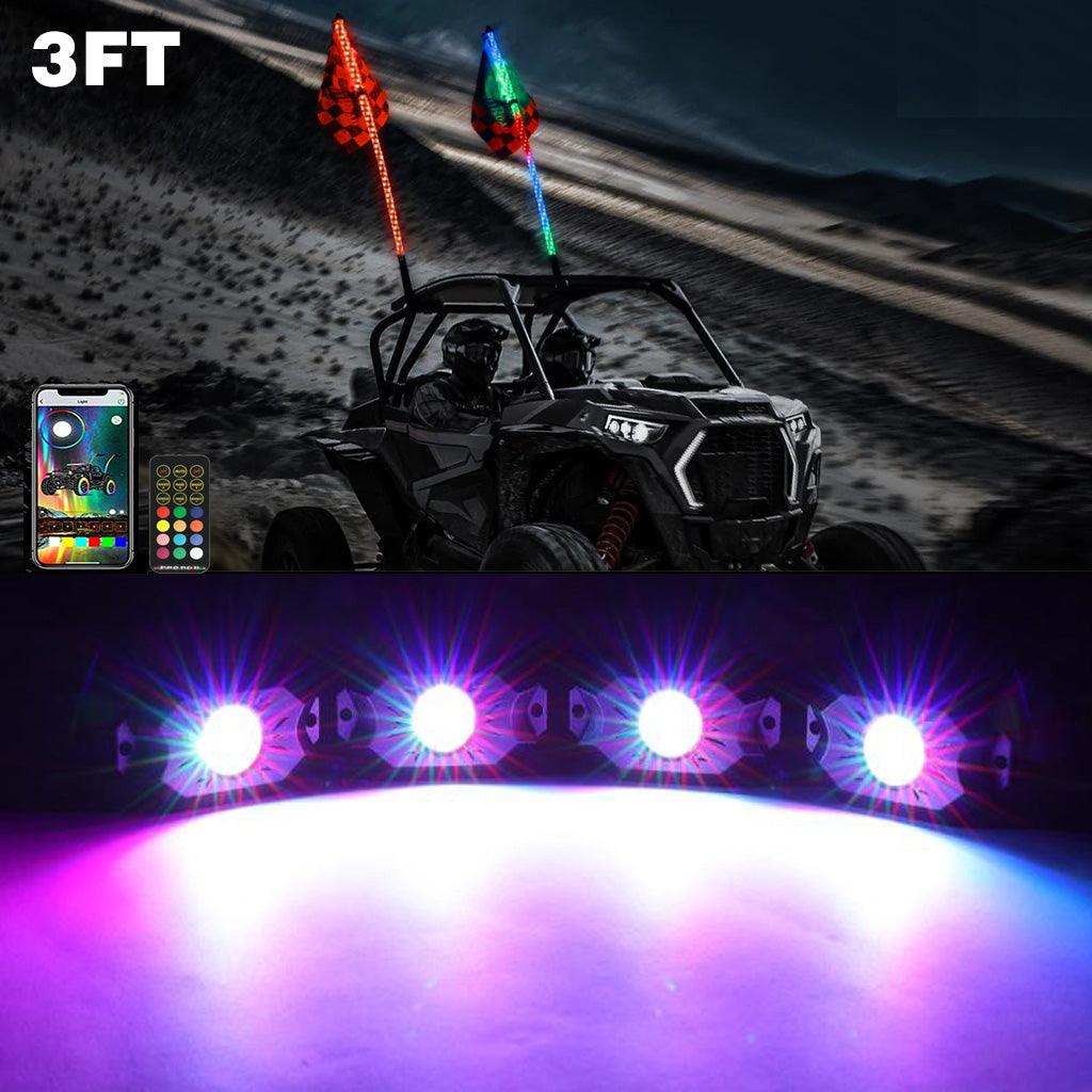 2Pcs 3FT RGB LED Whip Lights with Turn Signal & Brake Light + RGB LED Rock Lights Set with Bluetooth Controlled