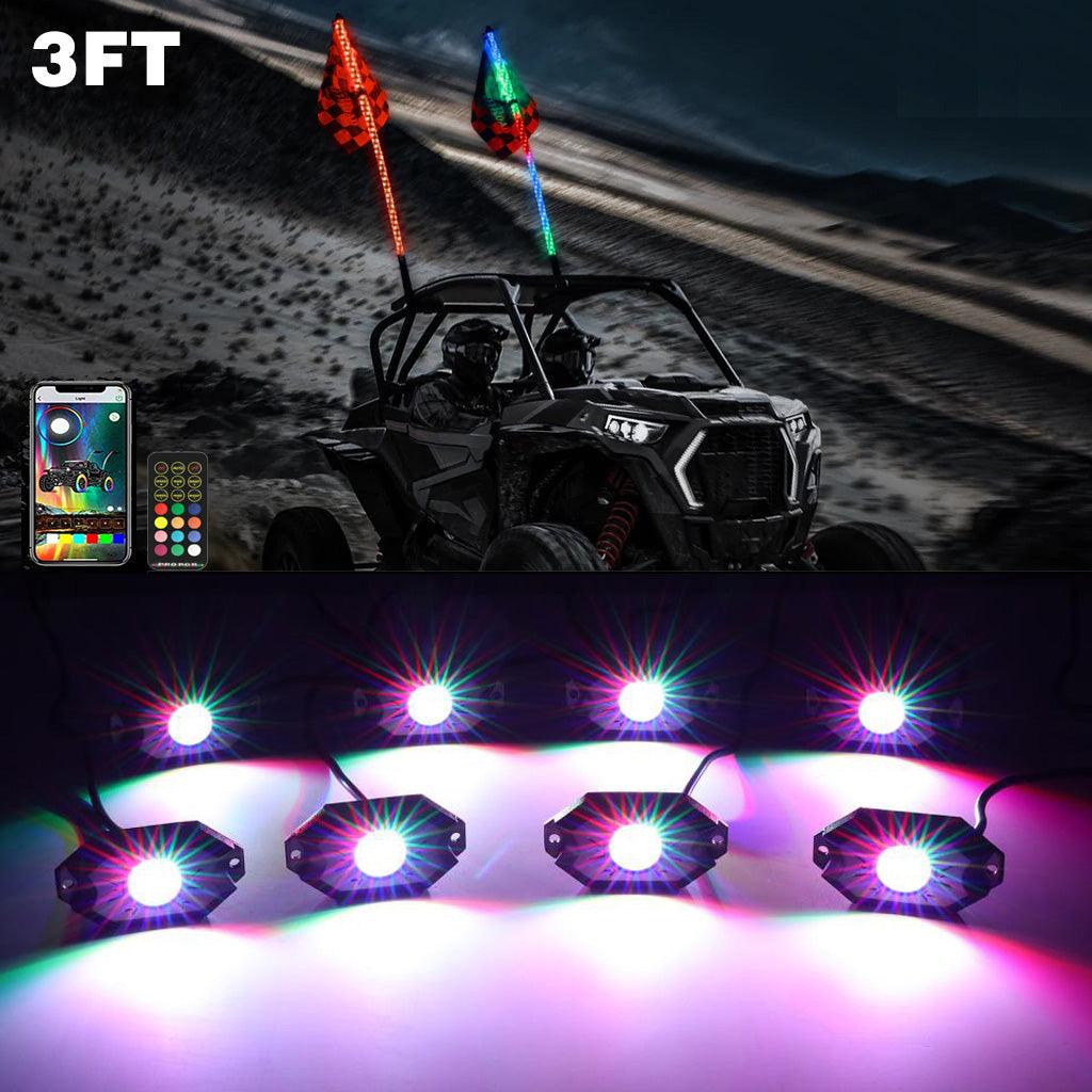 2Pcs 3FT RGB LED Whip Lights with Turn Signal & Brake Light + RGB LED Rock Lights Set with Bluetooth Controlled