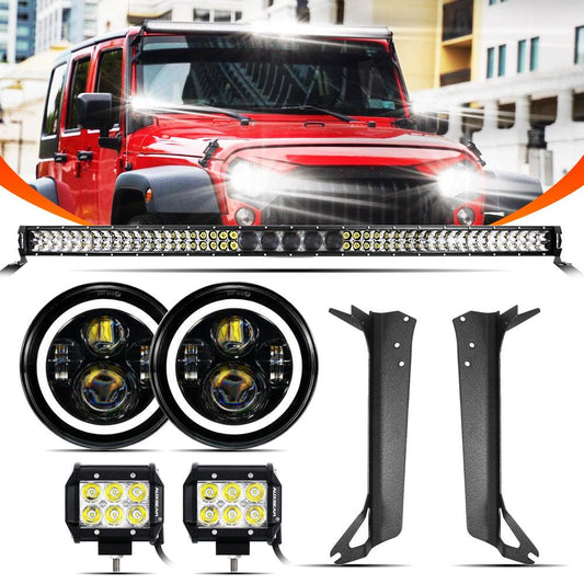 7" LED Halo Headlights+5D-PRO 52" Straight LED Light Bar+Windshield Mounting Brackets 18W Pod Lights Set for Jeep Wrangler TJ