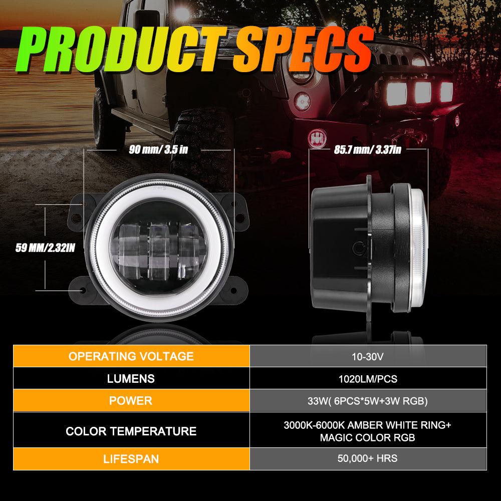 (قطعتان/مجموعة) مصابيح ضباب LED مقاس 4 بوصات مع حلقة هالة RGB وضوء إشارة الانعطاف، تحكم بلوتوث لسيارة جيب رانجلر JK 2007-2017 
