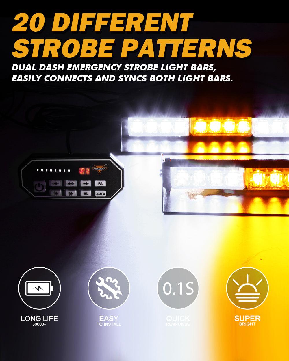شريطان ضوئيان وامضان مقاس 17 بوصة على الزجاج الأمامي ولوحة القيادة مزودان بـ 20 نمطًا وامضًا مع حامل شفط للمركبات والشاحنات والسيارات الرياضية متعددة الاستخدامات والمركبات الرباعية