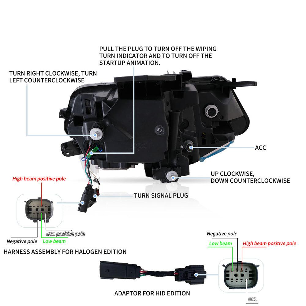 مجموعة مصابيح أمامية LED مزدوجة الشعاع باللون الأسود مع خاصية الترحيب/التنفس والرجوع للأمام والخلف لسيارة شيفروليه كامارو موديلات 2016-2018 وكامارو ZL1 موديلات 2019-2024