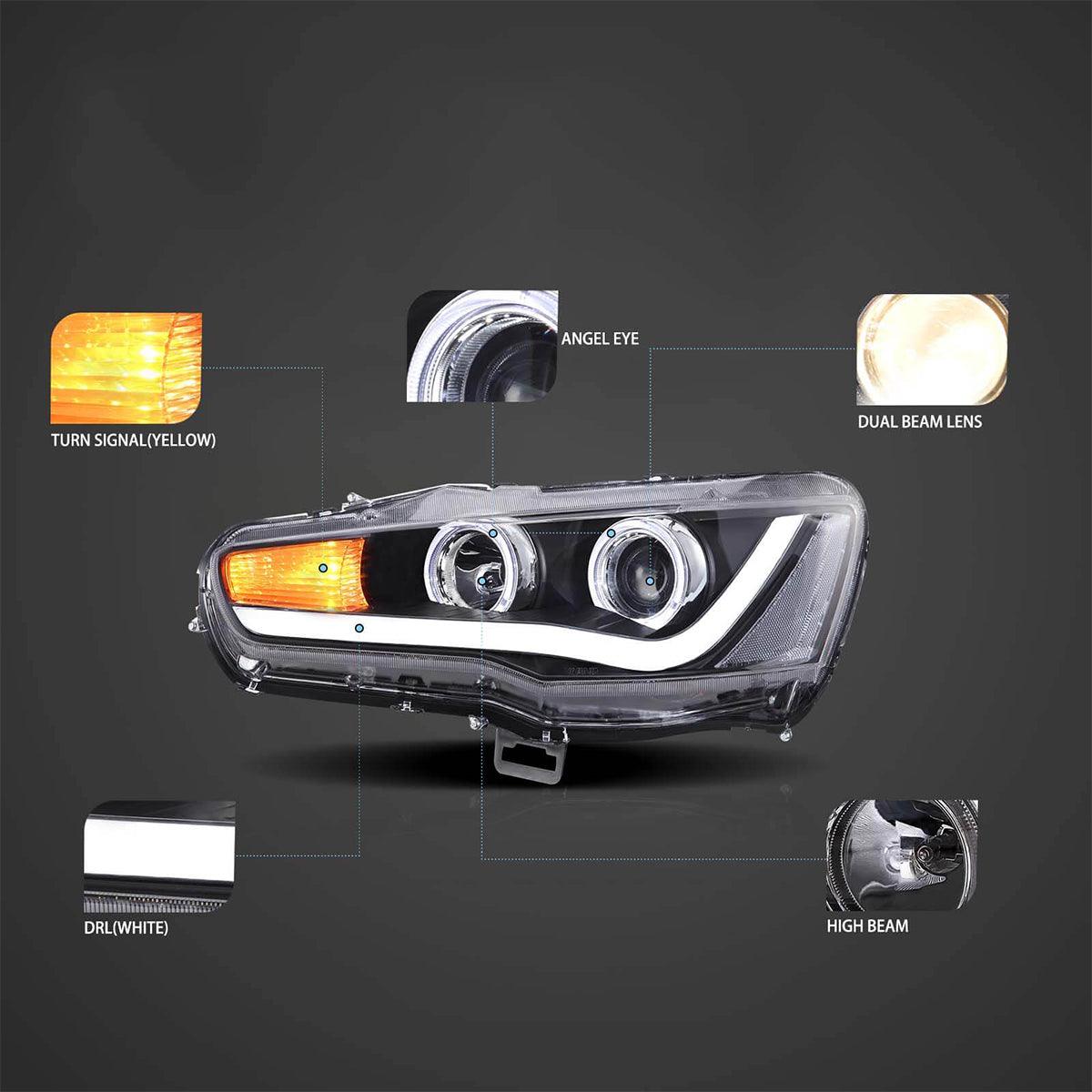 مجموعة مصابيح أمامية LED لجهاز عرض أسود لسيارة ميتسوبيشي لانسر الجيل التاسع Evo X GSR الجيل العاشر موديلات 2008-2017 (CZ4A)