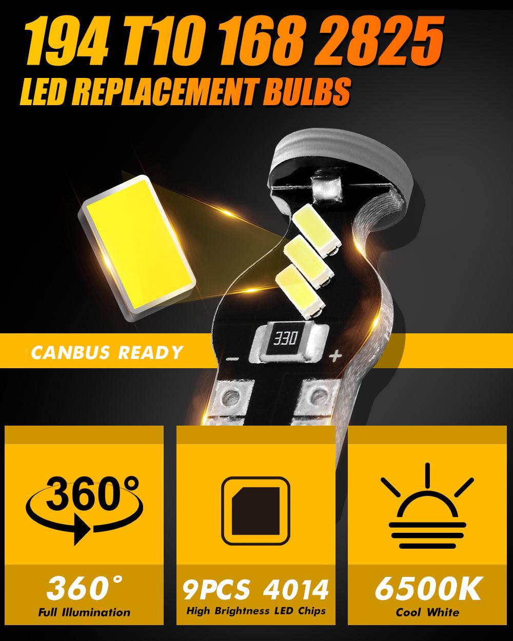 لمبات إضاءة داخلية LED T10 W5W 2825، 1.5 واط، أكثر سطوعًا بنسبة 300%، لون أبيض 6500 كلفن | 10 لمبات 