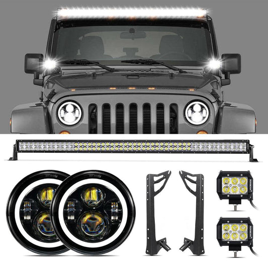 07-17 Jeep JK - Mega Bundle, 7" LED Halo Headlights,52" 300W Straight LED Light Bar&Windshield Mounting Brackets, 18W Pods light