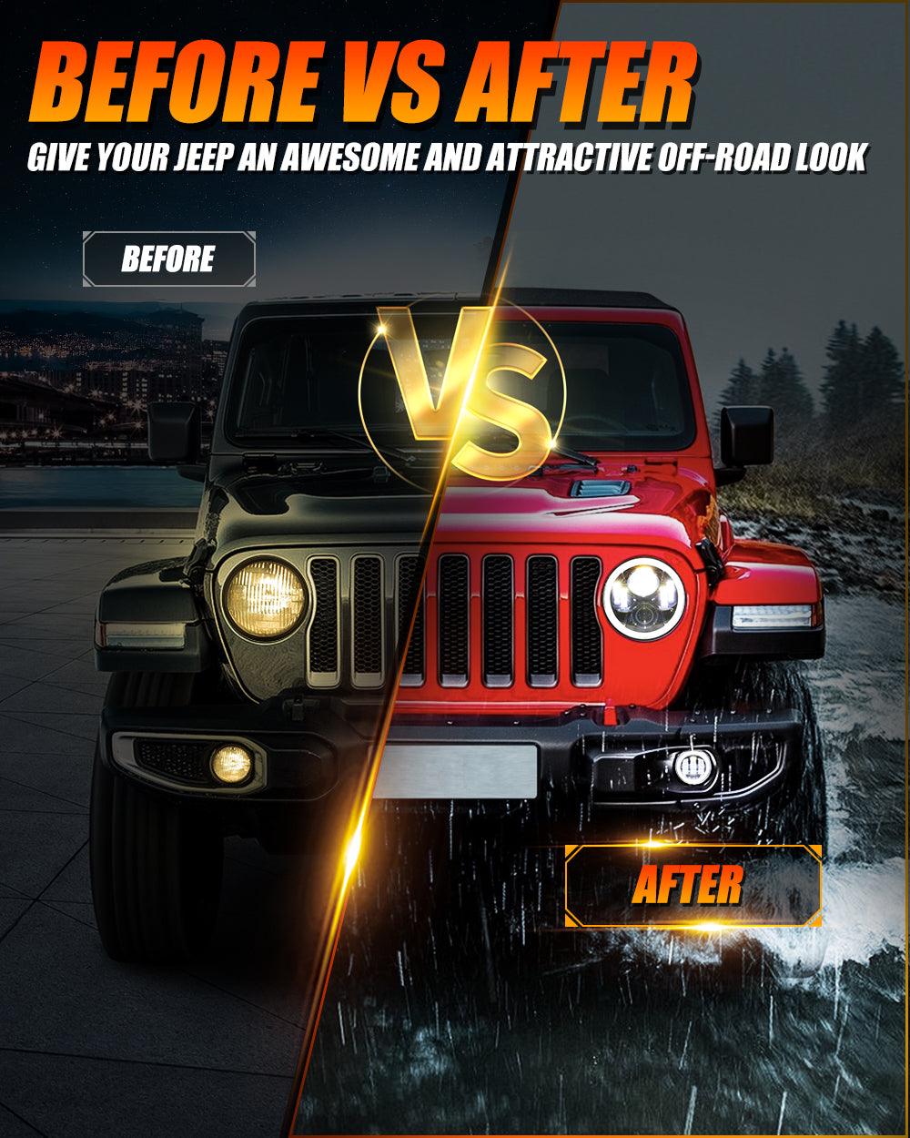 9'' LED Halo Headlights &amp; 4'' 30W LED Fog Lights with White DRL+Amber Turn Signal For Jeep Wrangler JL 2018-2020 