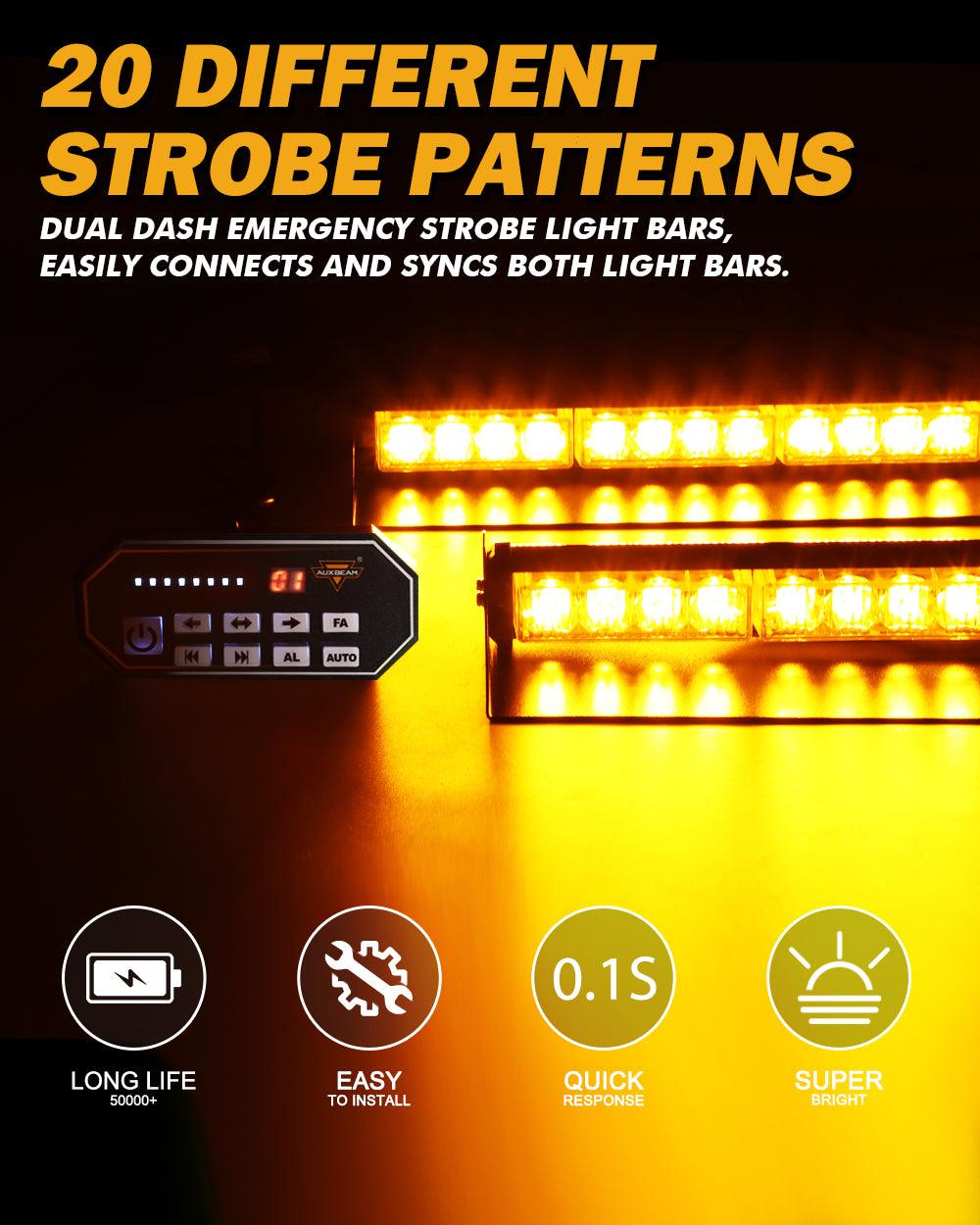 شريطان ضوئيان وامضان مقاس 17 بوصة على الزجاج الأمامي ولوحة القيادة مزودان بـ 20 نمطًا وامضًا مع حامل شفط للمركبات والشاحنات والسيارات الرياضية متعددة الاستخدامات والمركبات الرباعية