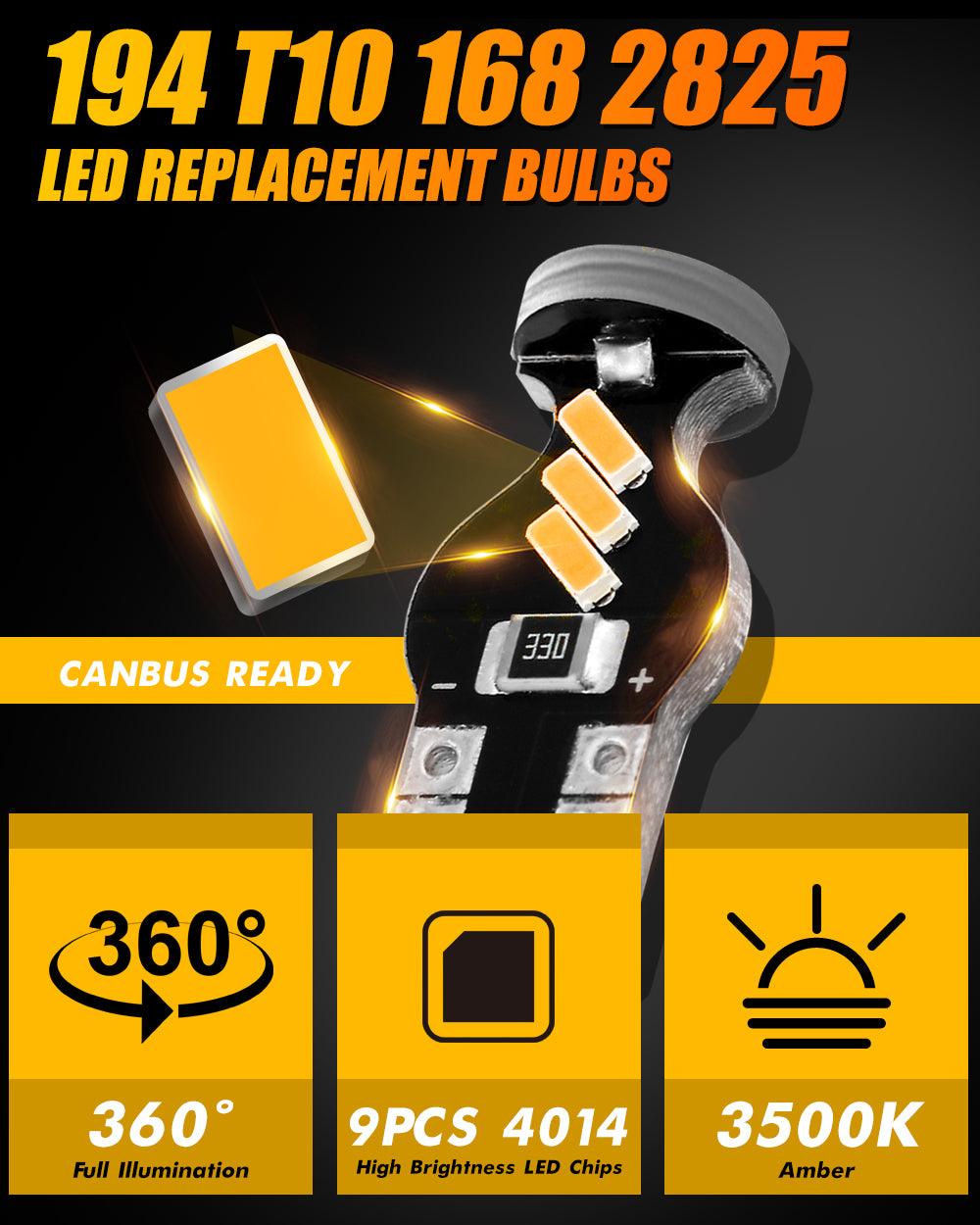168 2825 W5W T10 LED Interior Light Bulbs 1.5W 300% Brighter 3500K Amber | 10 Bulbs