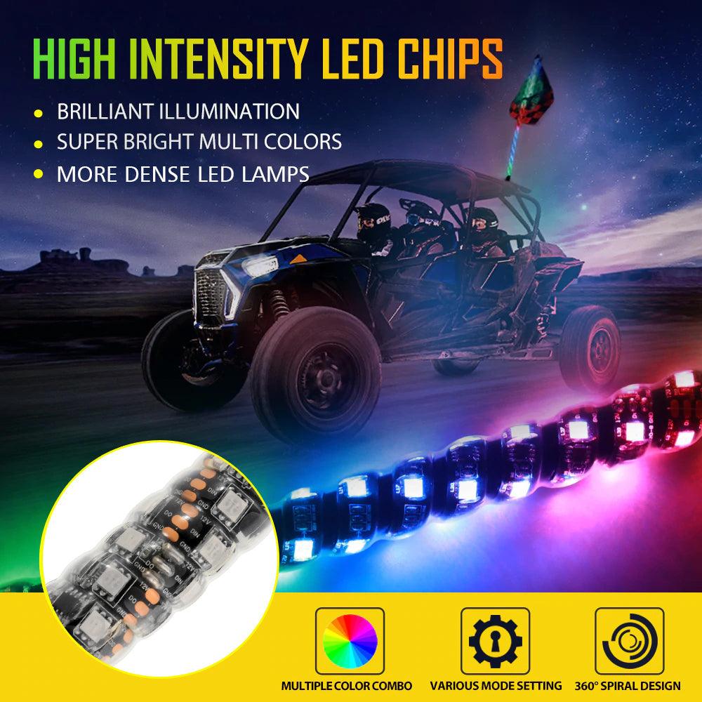 3FT/4FT RGB LED Whip Light with Remote Control+Whip Light Mounting Brackets for UTV, ATV, Off-Road Vehicle
