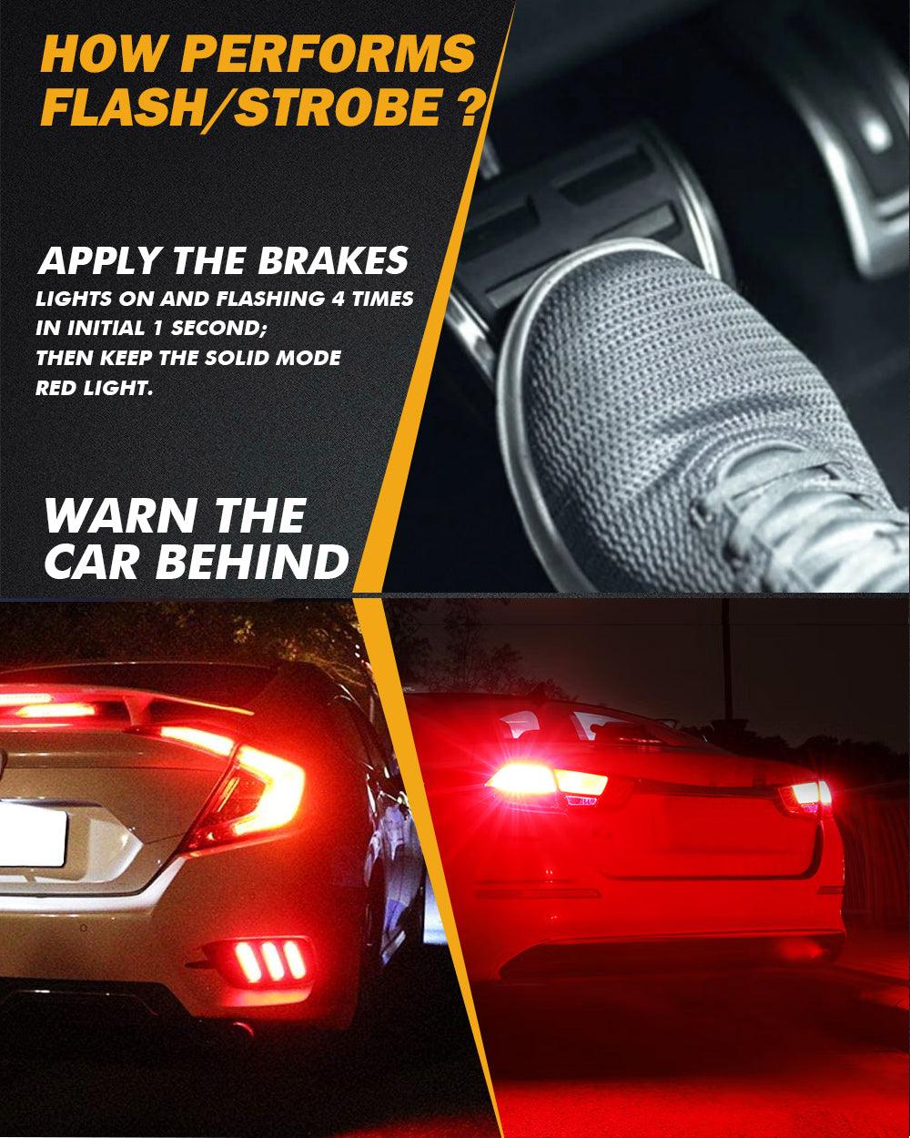 T25 3157 3156 LED Brake/Tail Light Bulbs 56W 600% High Brightness CAN-Bus Error Free Red Strobe Flashing B21 Series Strobe | 2 bulbs