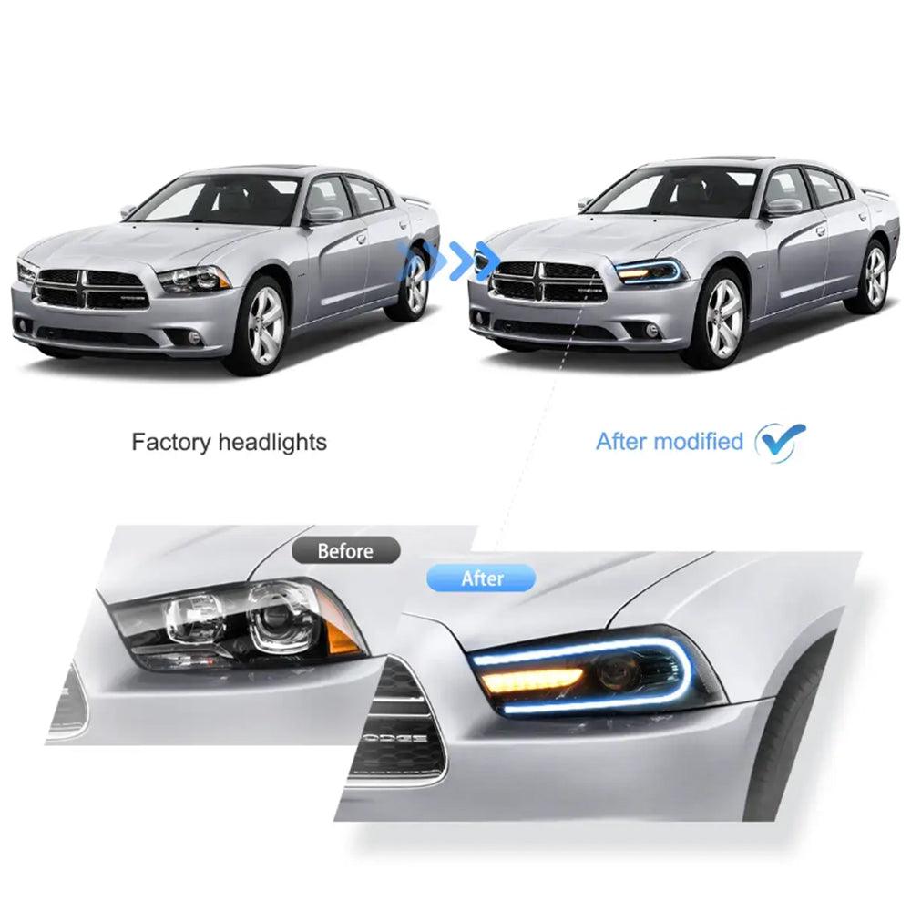 مجموعة مصابيح أمامية LED RGB ثنائية الشعاع باللون الأسود لسيارة Dodge Charger (LD) موديلات 2011-2014
