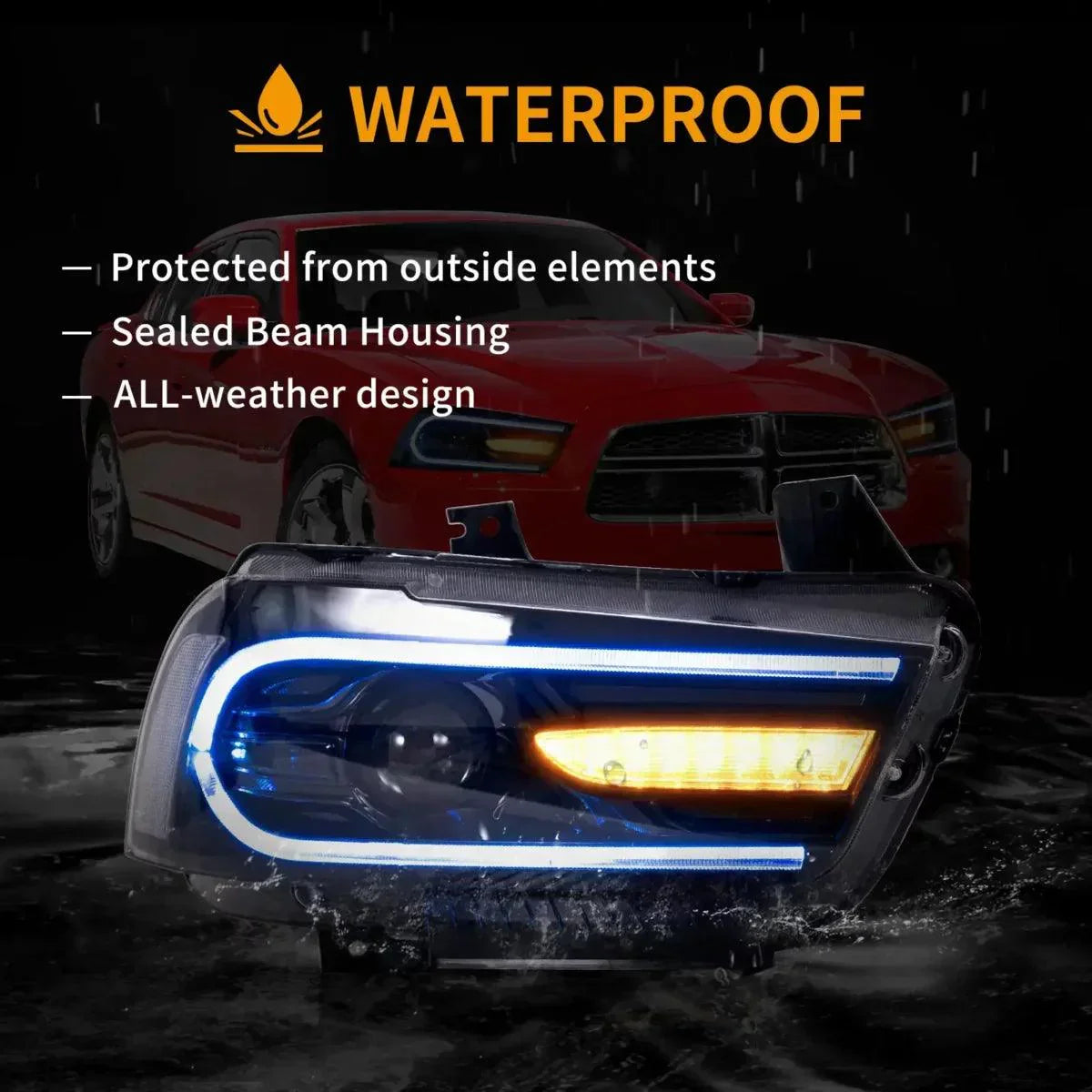 مجموعة مصابيح أمامية LED RGB ثنائية الشعاع باللون الأسود لسيارة Dodge Charger (LD) موديلات 2011-2014