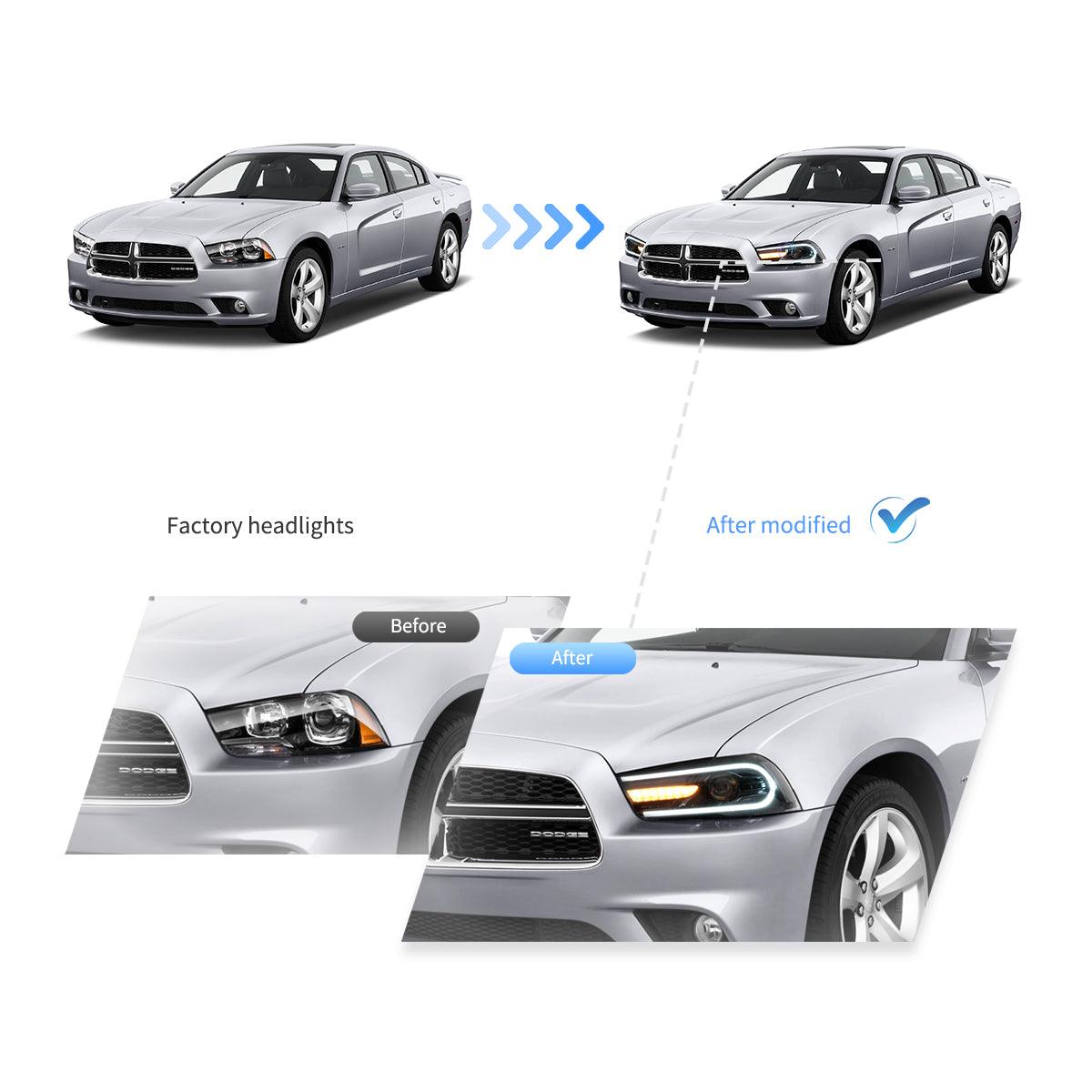 مجموعة مصابيح أمامية LED مزدوجة الشعاع باللون الأسود لسيارة دودج تشارجر (LD) موديلات 2011-2014 المحدثة مسبقًا