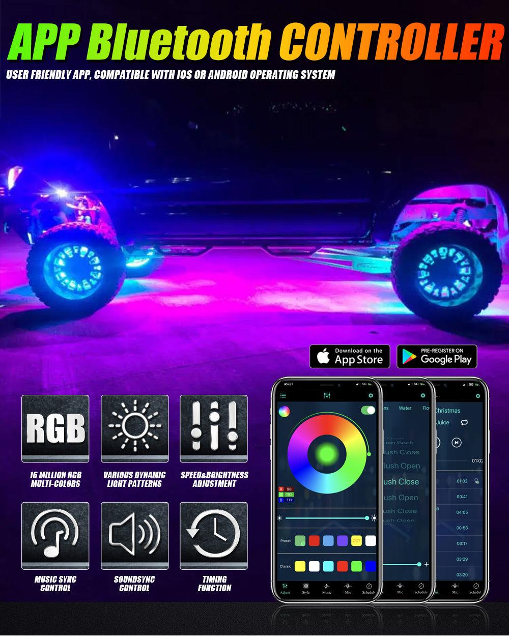 (4 قطع/مجموعة) مصابيح حلقة عجلة LED RGB مقاس 15.5 بوصة ضوء نيون سحري ملون مع تطبيق وجهاز تحكم عن بعد RF