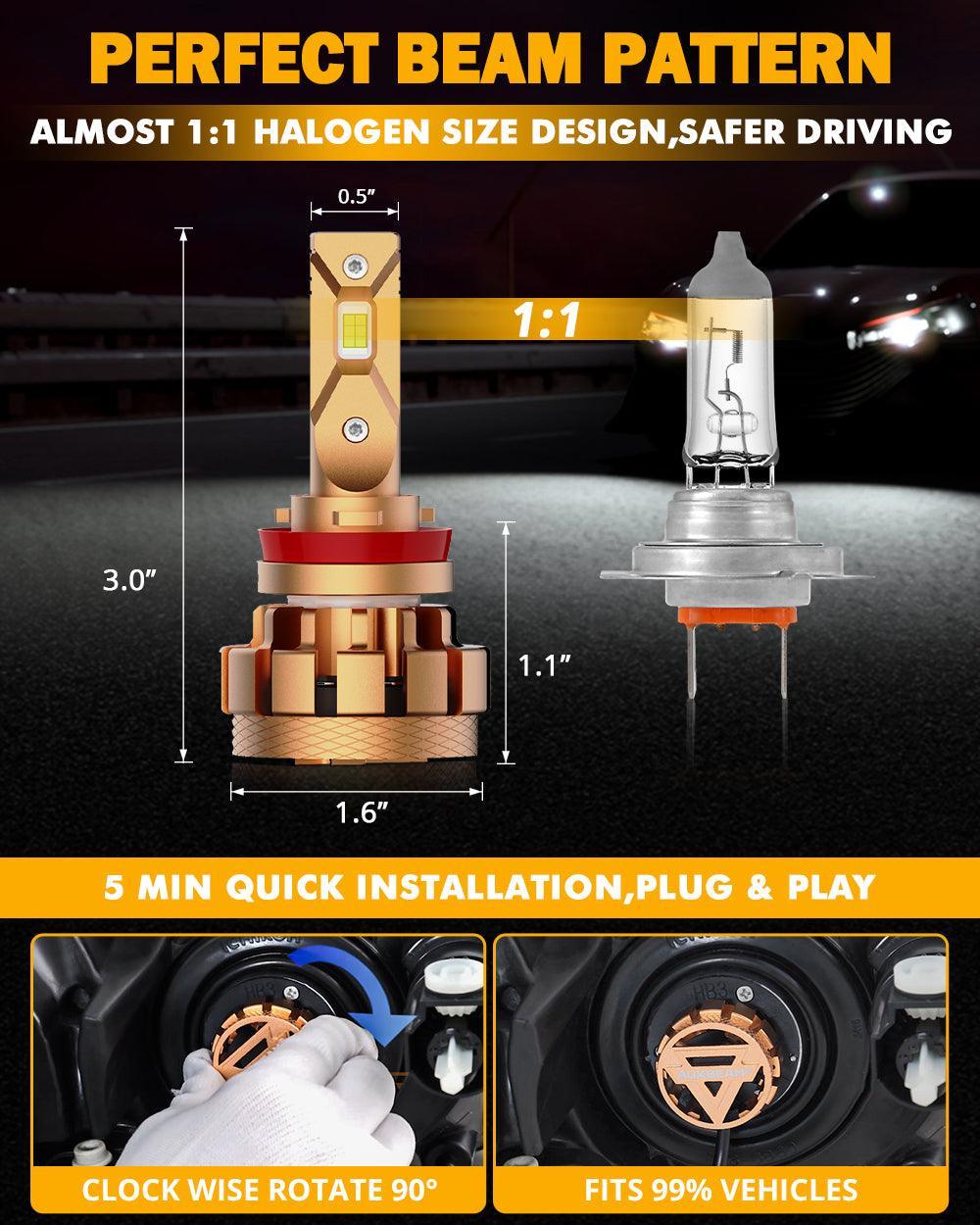 مصابيح أمامية LED H11، 70 واط، 18000 لومن، سلسلة F-16 Plus، الأكثر سطوعًا، 6000 كلفن، لون أبيض بارد | 2 لمبة